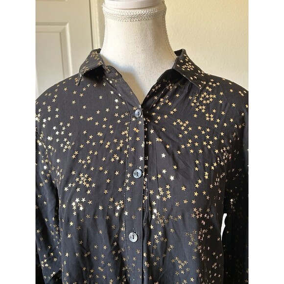 Solitaire Anthropology Black Stars Gold Roll Tab Long Sleeve Size Medium Button - Picture 8 of 16